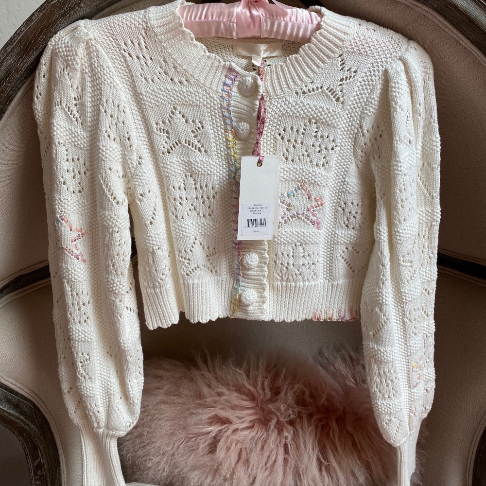 NWT LoveShackFancy Lata Cropped Cardigan Antique White XS Embroidered Star Moon